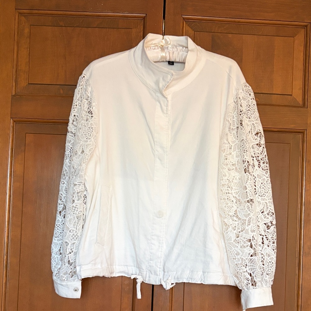 INC International Concepts White Lace Sleeve Jacket with Funnel Neck